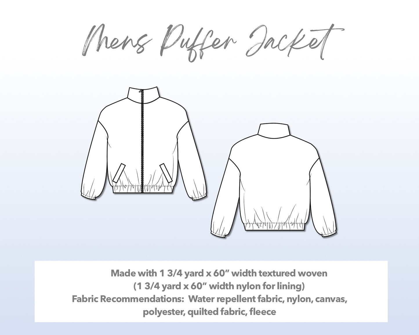 Illustration and detailed description for Mens Puffer Jacket sewing pattern.
