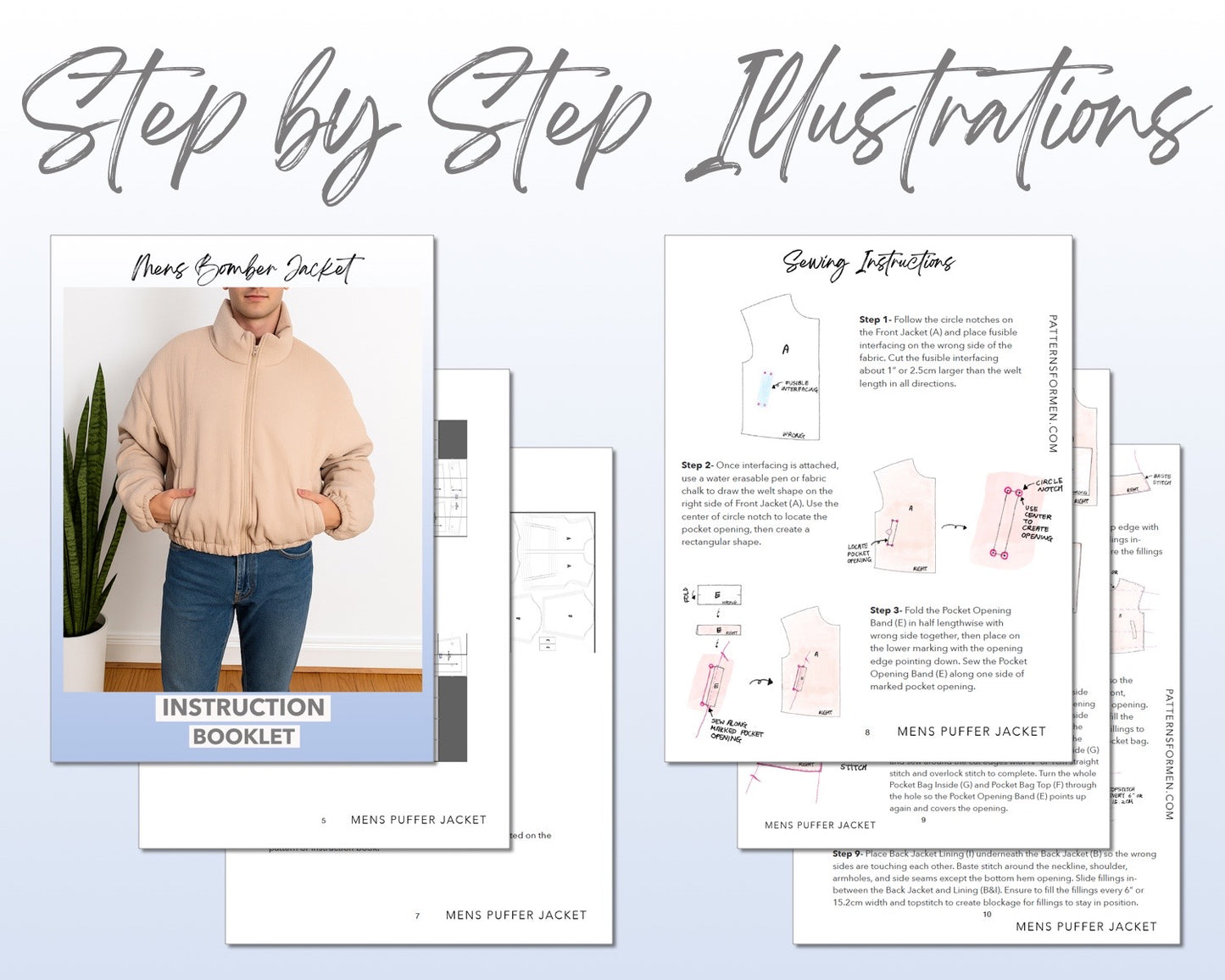 Mens Puffer Jacket sewing pattern step by step illustrations.