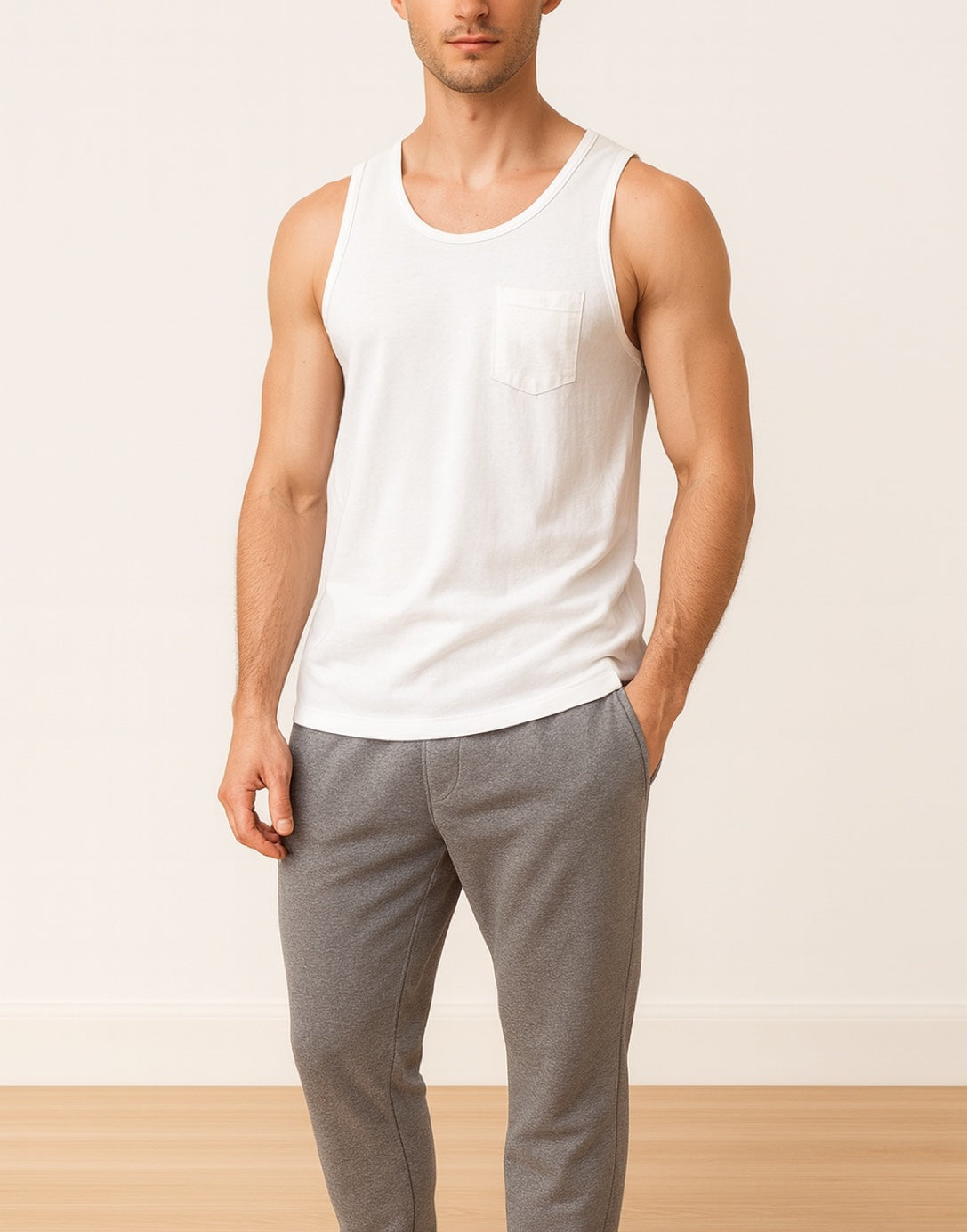 Person wearing a white Round Neck Pocket Tank Top with a plain background