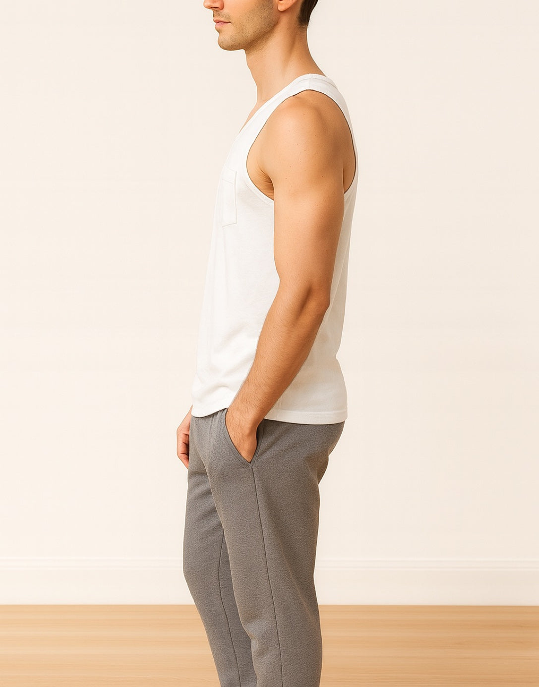 Side view of person wearing a white Round Neck Pocket Tank Top with a pocket against a neutral background