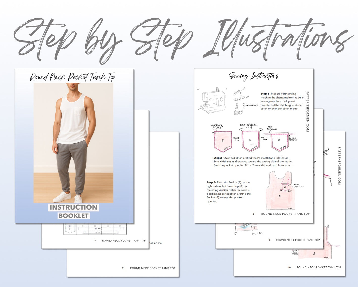 Round Neck Pocket Tank Top sewing pattern instruction booklet showing step by step illustrations to make the garment.