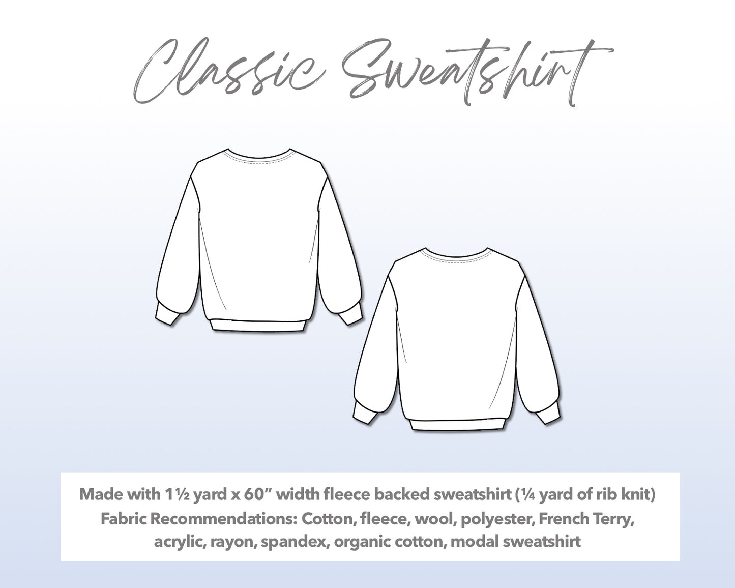 Illustration and detailed description for Mens Classic Sweatshirt sewing pattern.