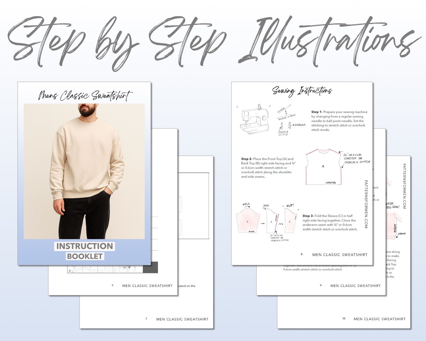 Mens Classic Sweatshirt sewing pattern step by step illustrations.