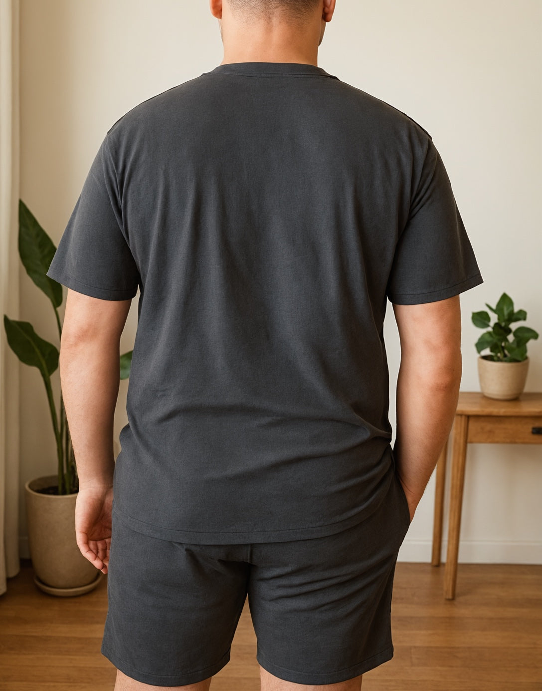 Back view of Mens Tee and Biker Shorts Set.