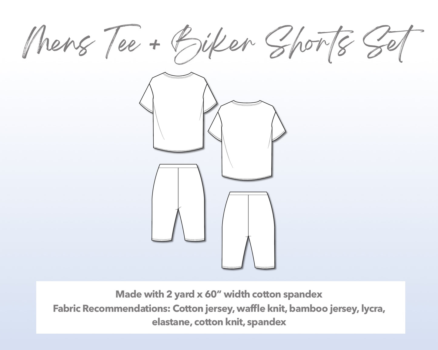 Illustration and detailed description for Mens Tee and Biker Shorts Set sewing pattern.