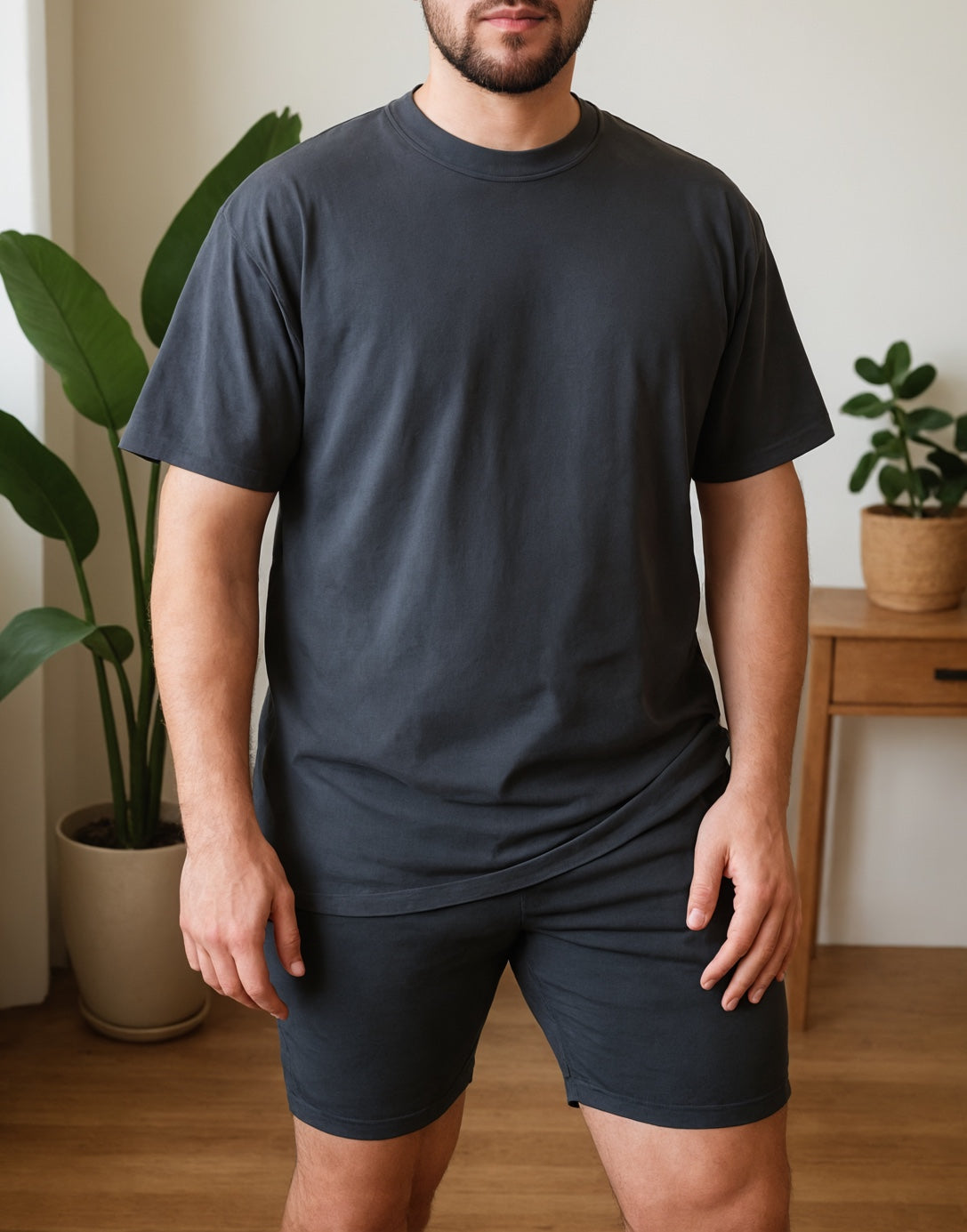 Front view of Mens Tee and Biker Shorts Set.