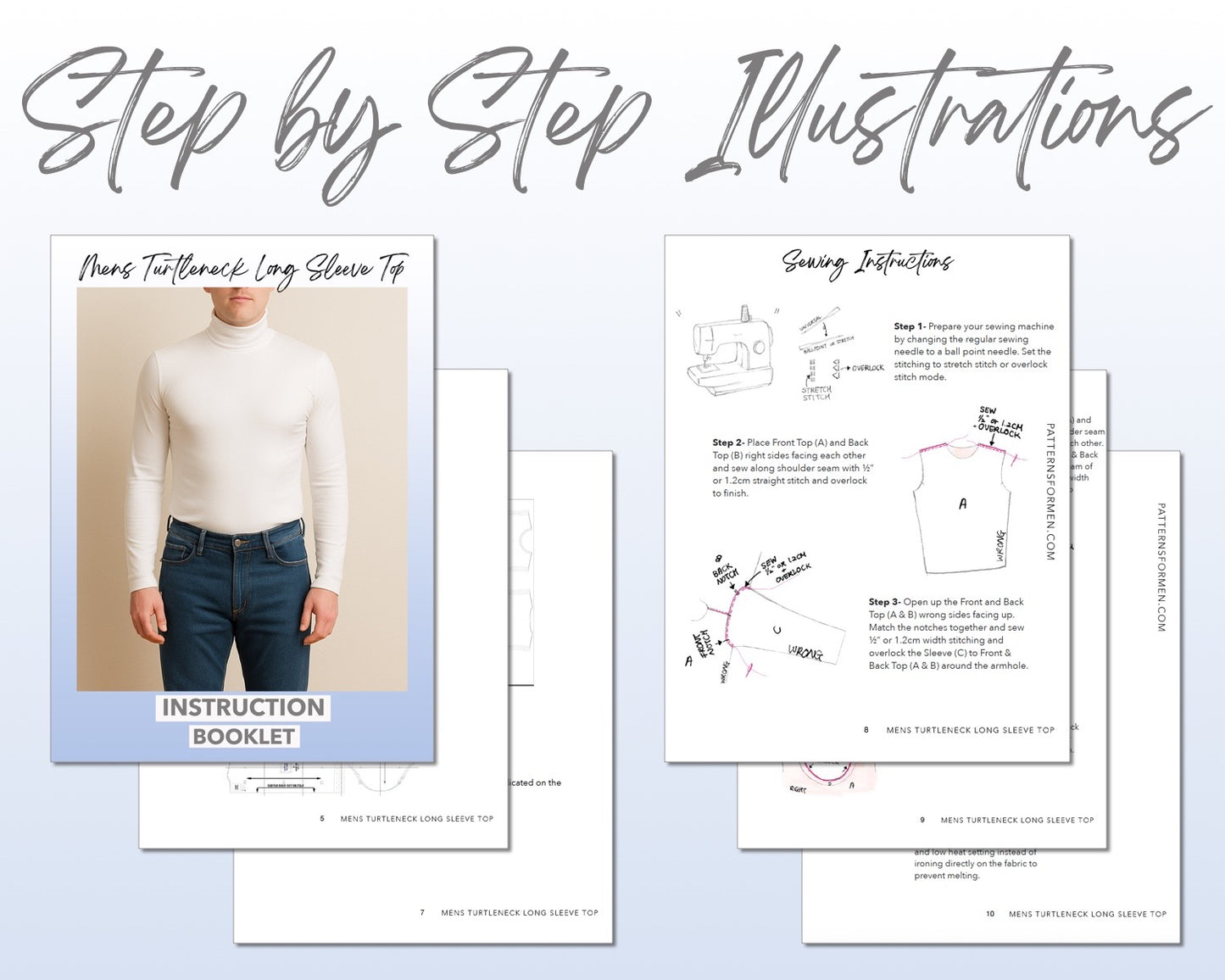 Mens Turtleneck Long Sleeve Top sewing pattern step by step illustrations.