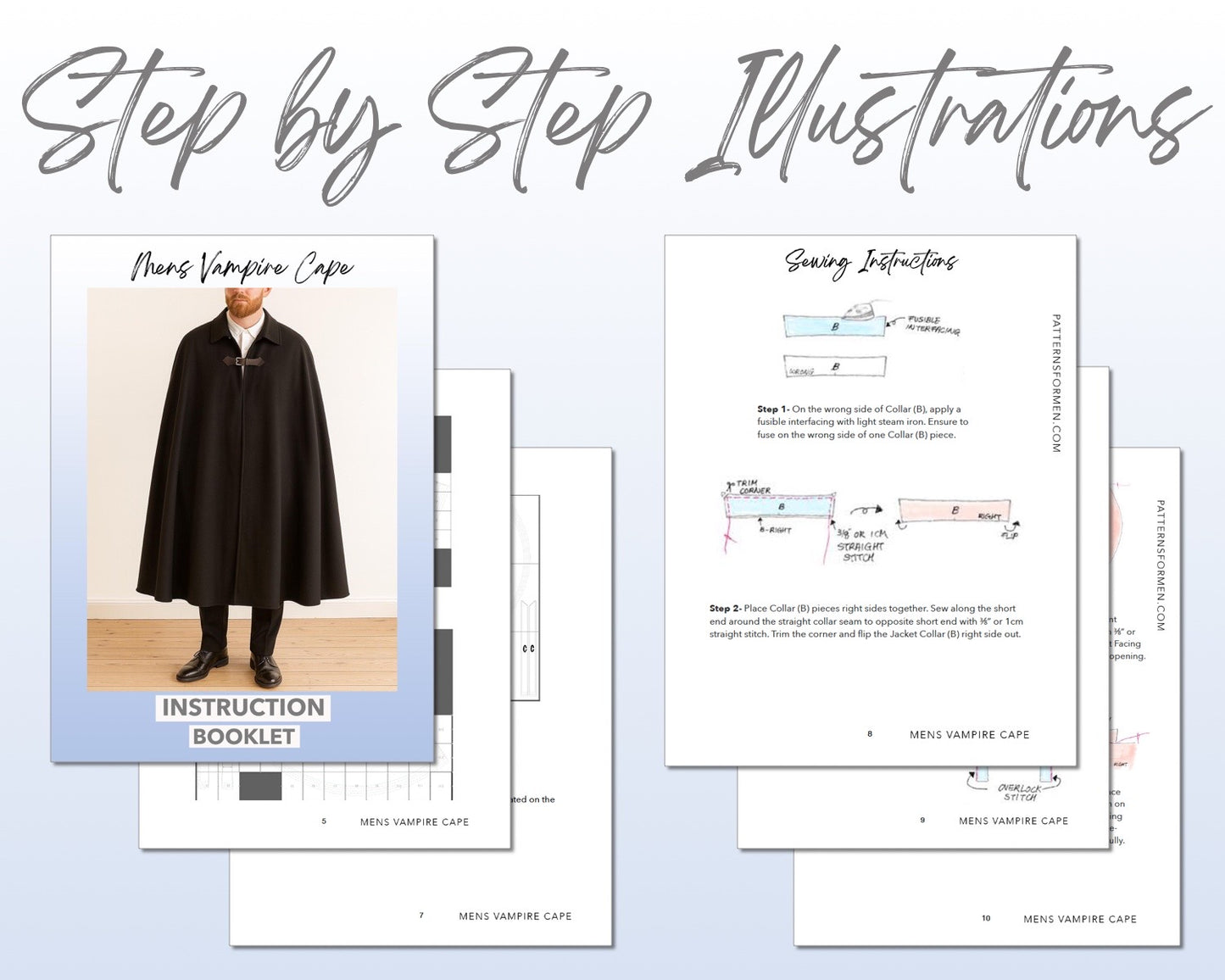 Vampire Cape sewing pattern instruction booklet showing step by step illustrations to make the garment.