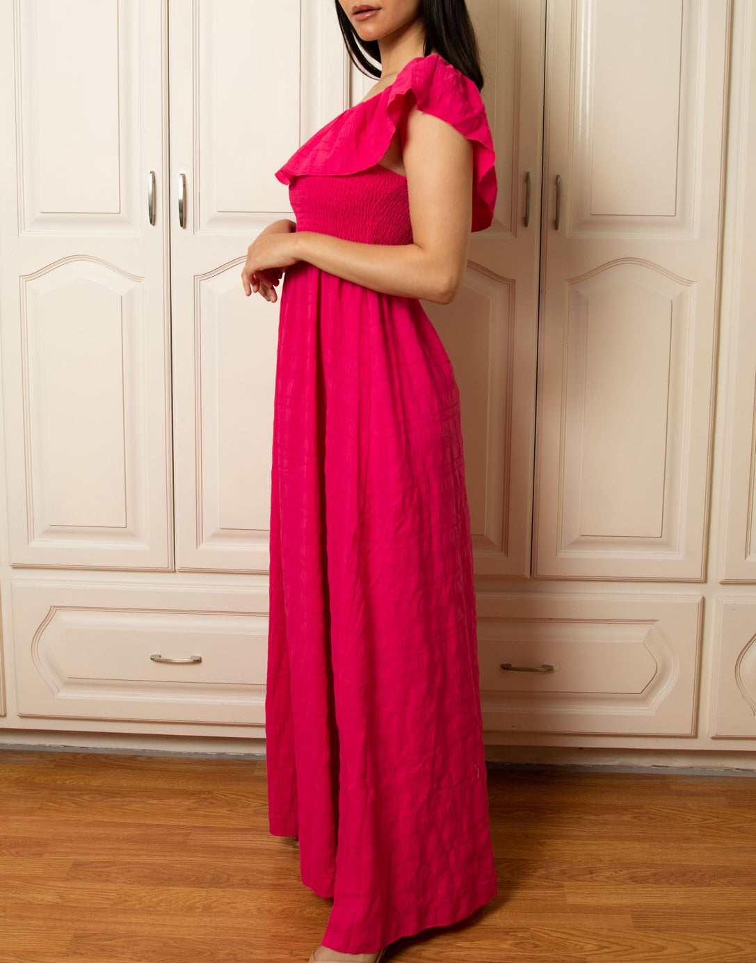 Side view of Off Shoulder Maxi Dress.