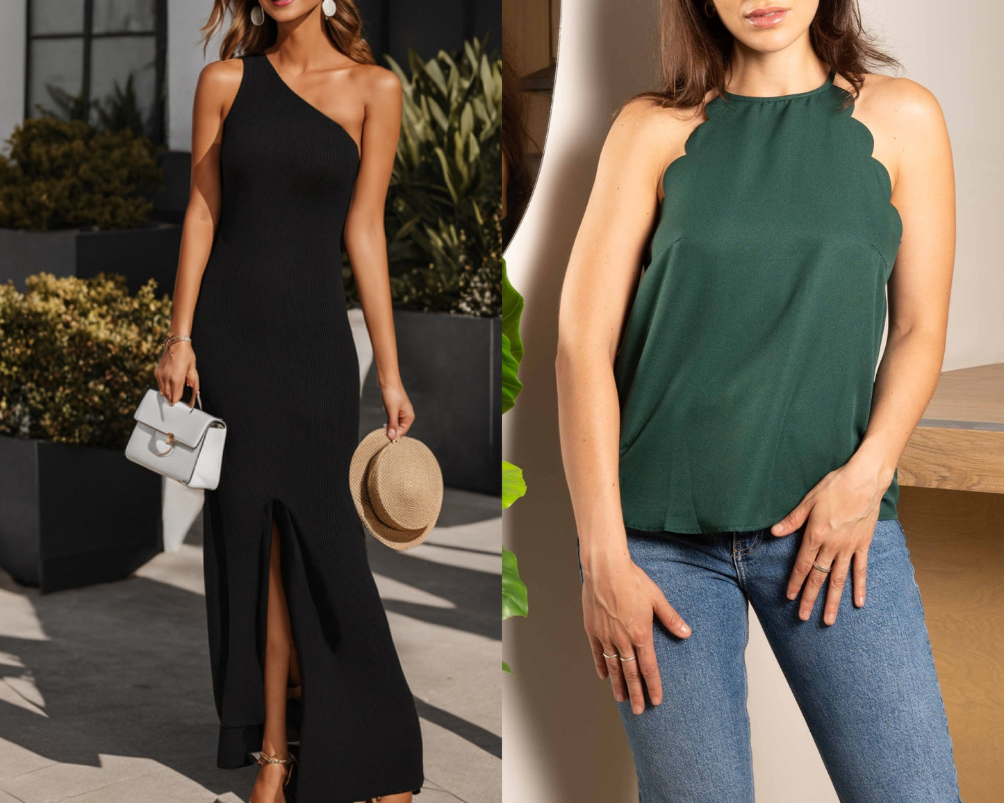 Front view of one shoulder maxi dress and scallop halter top