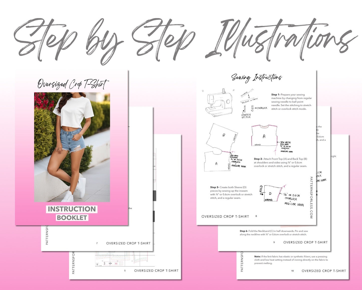 Oversized Crop T-Shirt sewing pattern step by step illustrations.