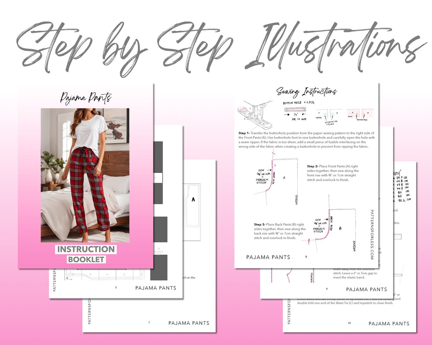 Pajama Pants sewing pattern step by step illustrations.