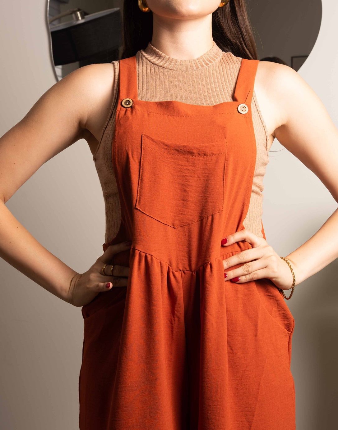 Closeup of Pinafore Jumpsuit.