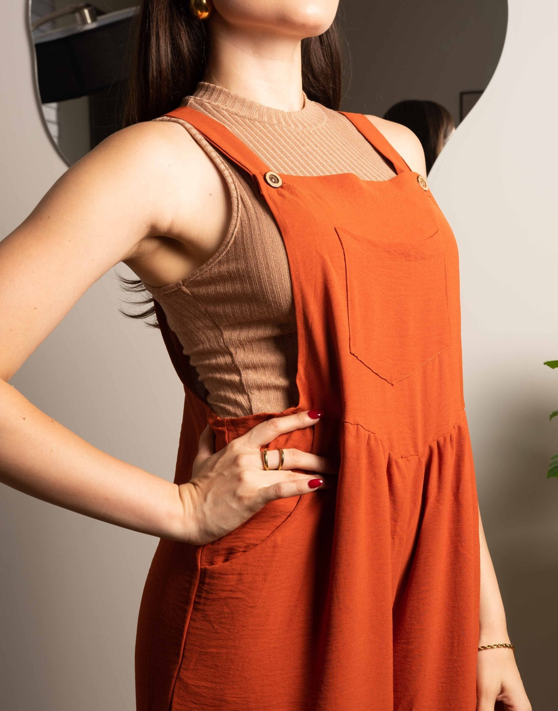 Closeup of Pinafore Jumpsuit.