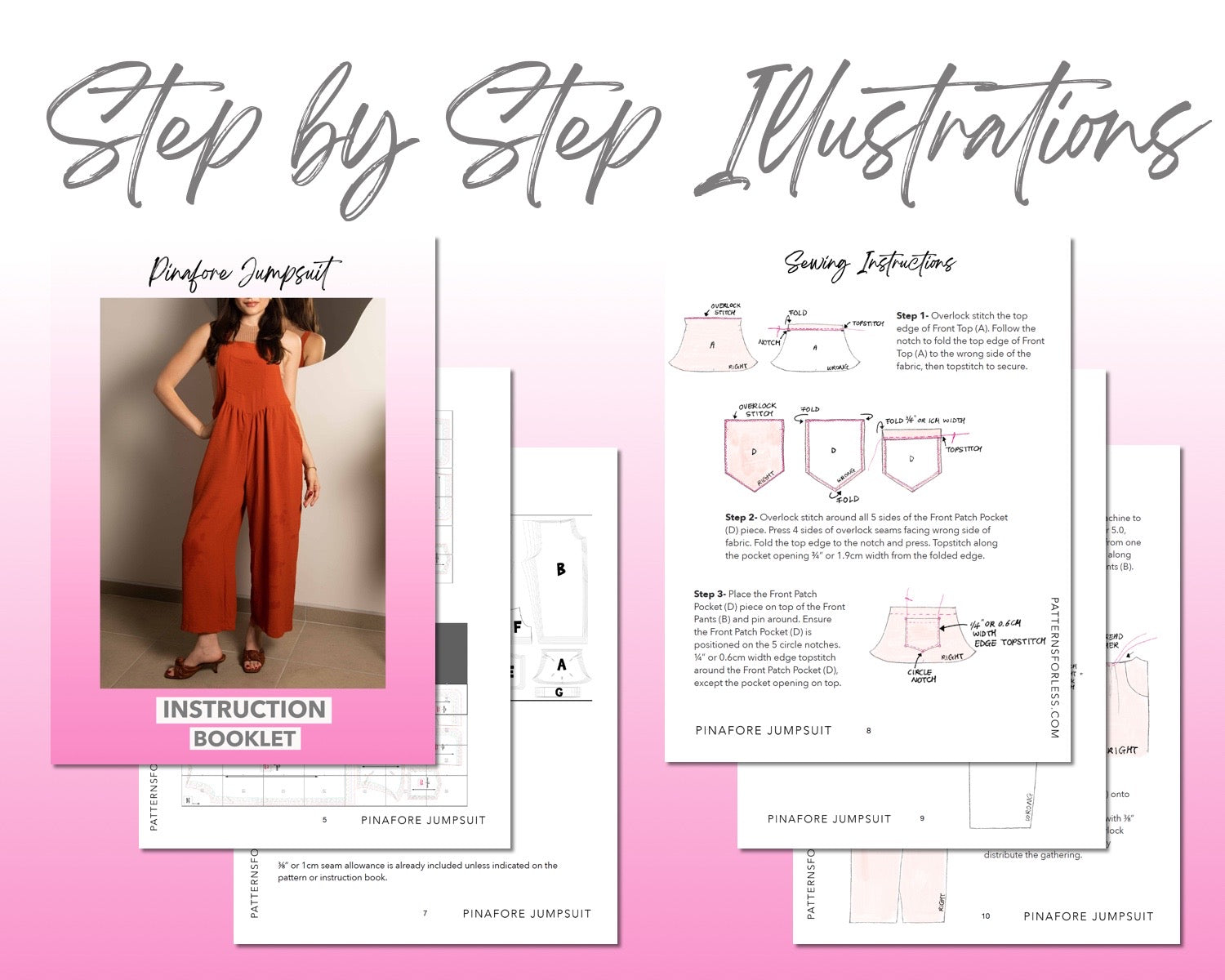 Pinafore Jumpsuit sewing pattern step by step illustrations.