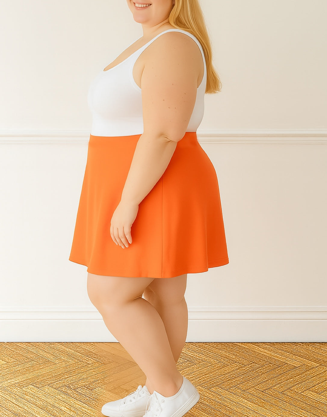Side view of Plus Size A-Line Mini Skirt.