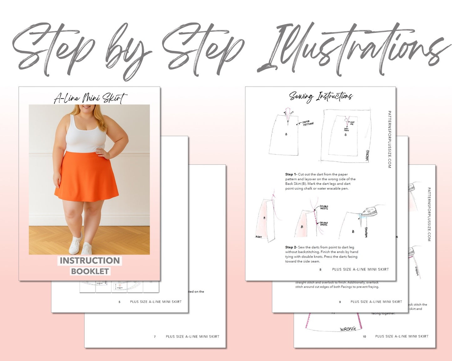 Plus Size A-Line Mini Skirt sewing pattern step by step illustrations.