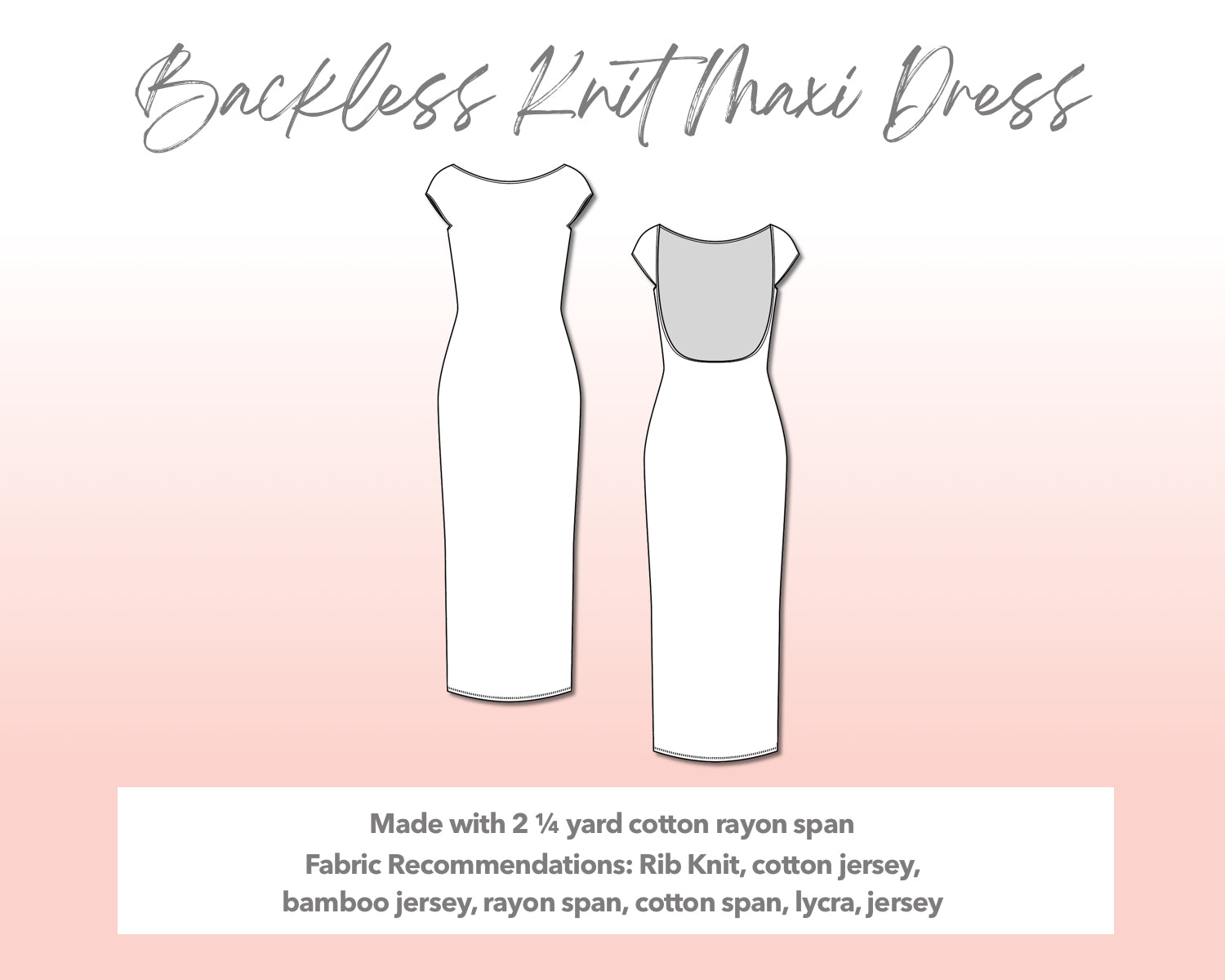 Illustration and detailed description for Plus Size Backless Knit Maxi Dress sewing pattern.