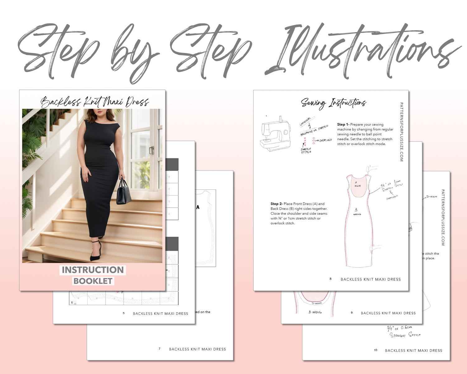 Plus Size Backless Knit Maxi Dress sewing pattern step by step illustrations.