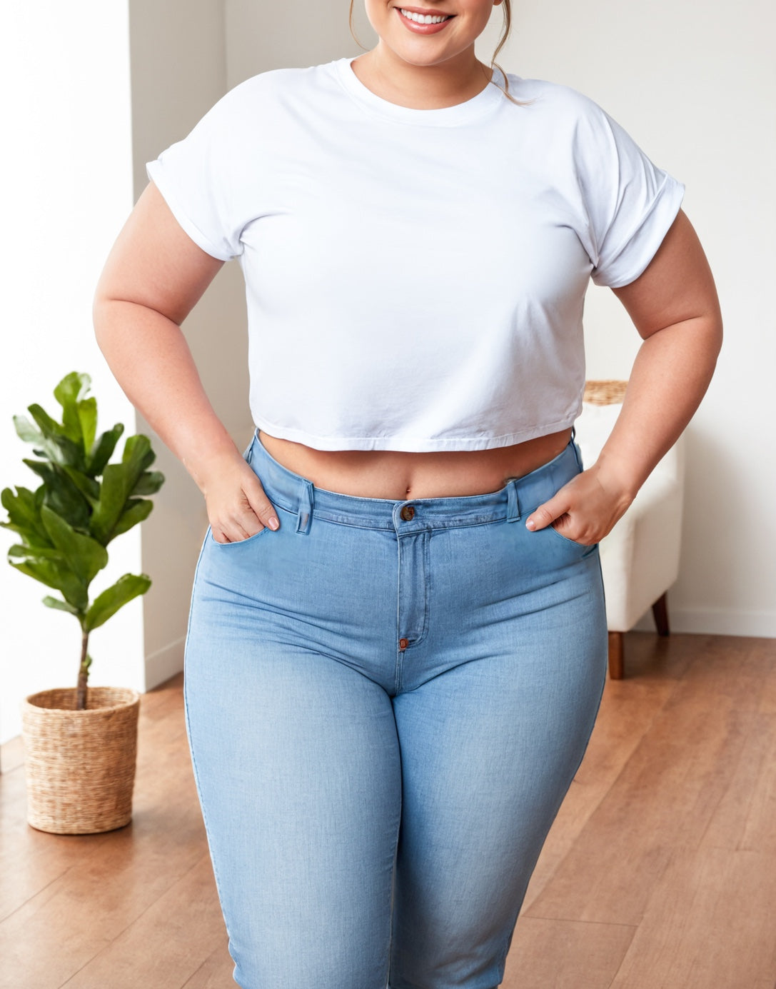 Side view of Plus Size Batwing Sleeve Crop Tee.