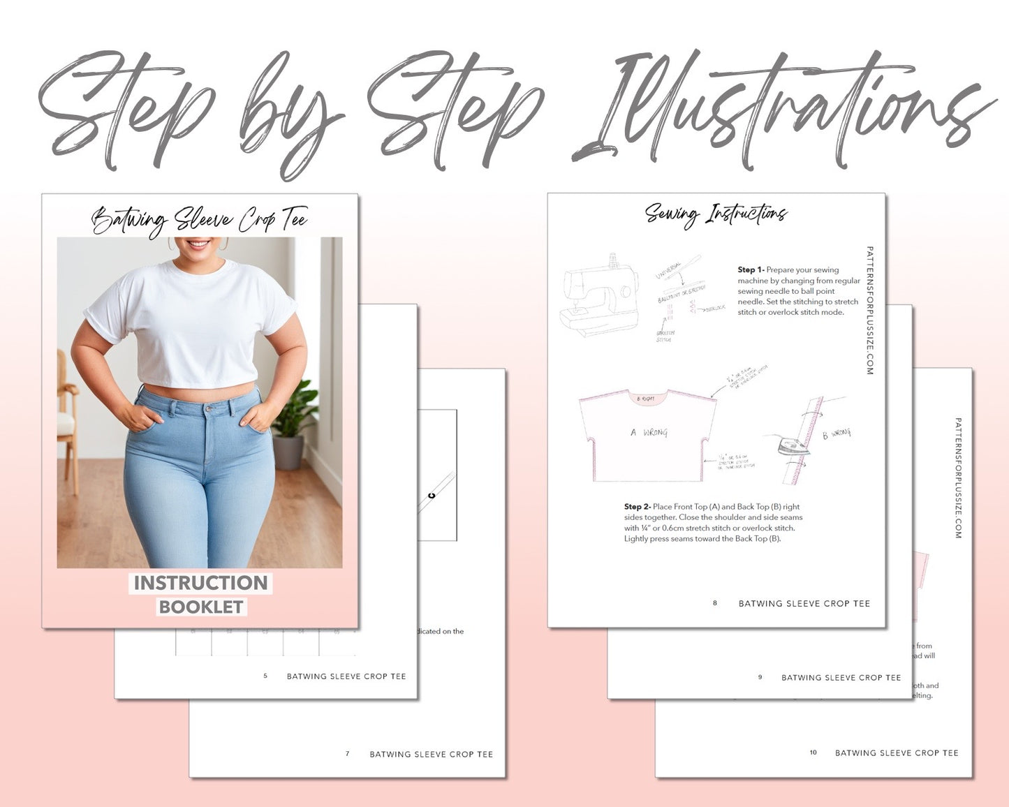 Plus Size Batwing Sleeve Crop Tee sewing pattern step by step illustrations.