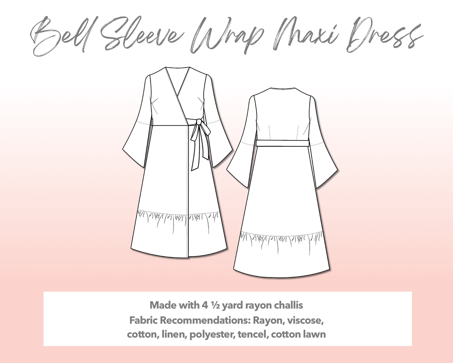 Illustration and detailed description for Plus Size Bell Sleeve Tie Front Wrap Maxi Dress sewing pattern.