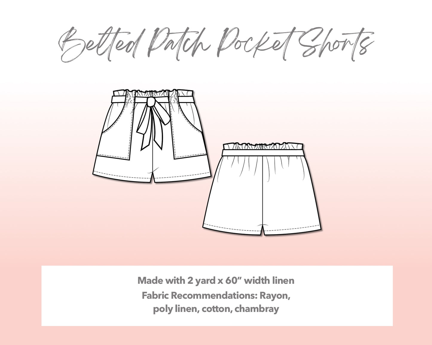 Illustration and detailed description for Plus Size Belted Patch Pocket Shorts sewing pattern.