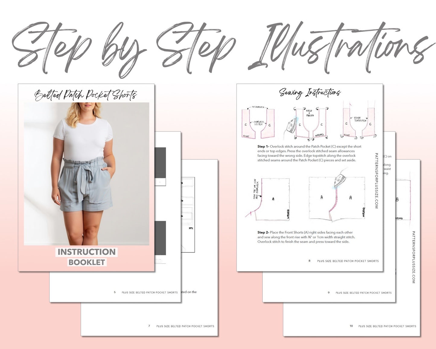 Plus Size Belted Patch Pocket Shorts sewing pattern step by step illustrations.