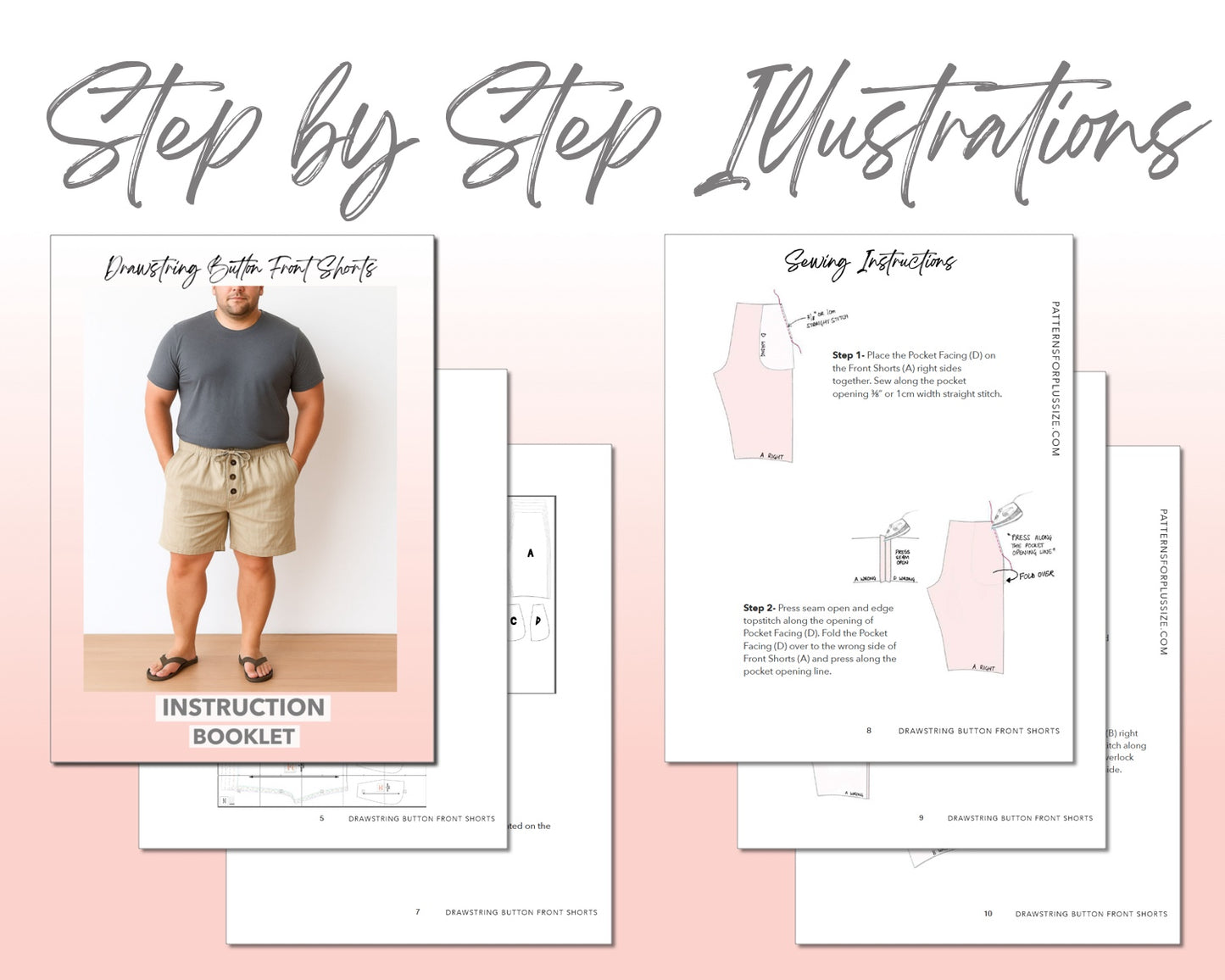 Plus Size Drawstring Button Front Shorts sewing pattern instruction booklet showing step by step illustrations to make the garment.