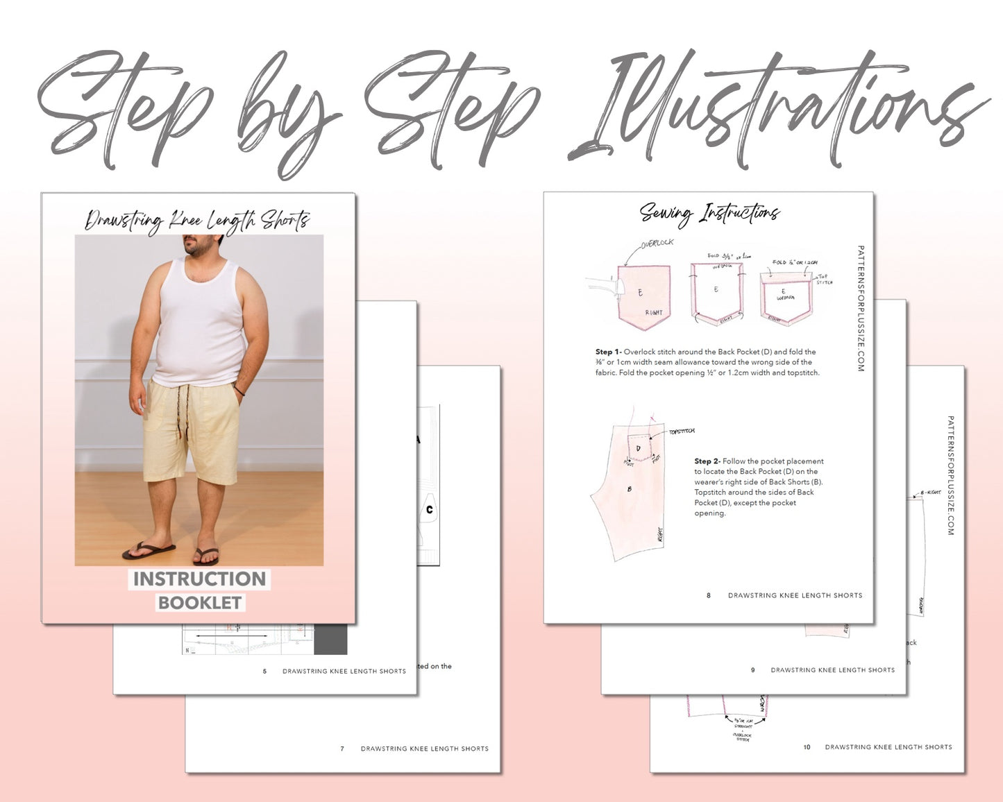 Plus Size Drawstring Knee Length Shorts sewing pattern step by step illustrations.