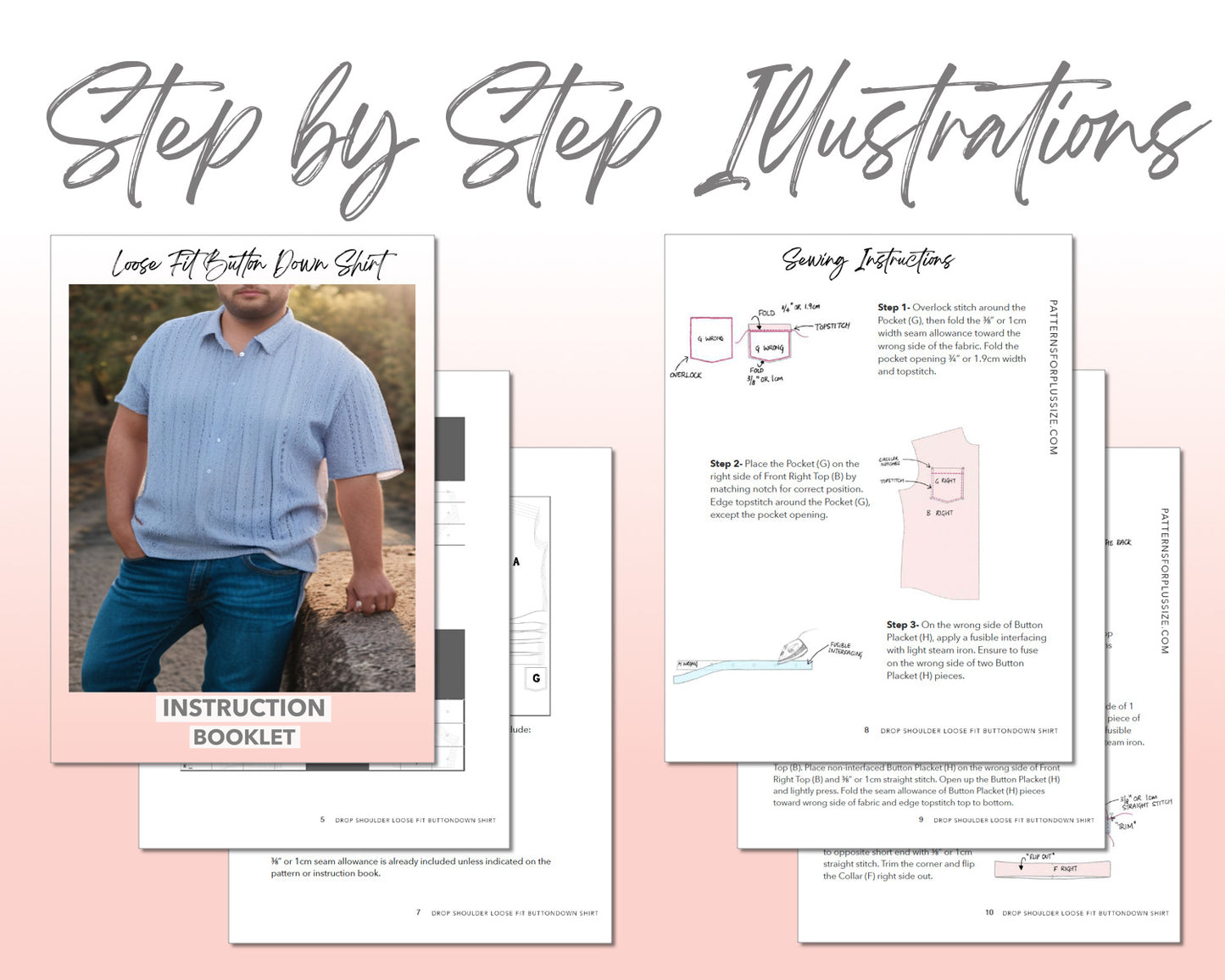 Plus Size Drop Shoulder Loose Fit Button Down Shirt sewing pattern step by step illustrations.