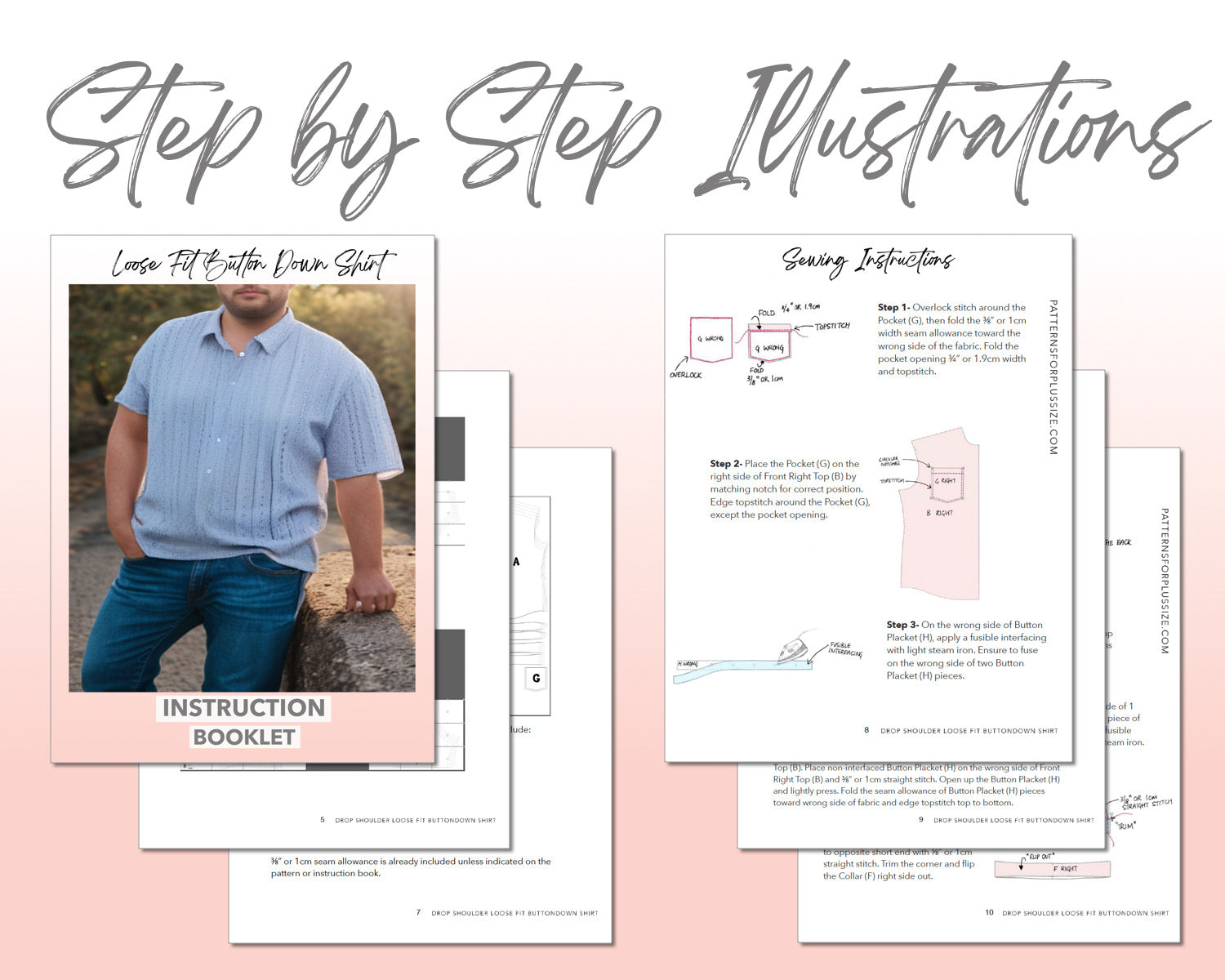 Plus Size Drop Shoulder Loose Fit Button Down Shirt sewing pattern step by step illustrations.