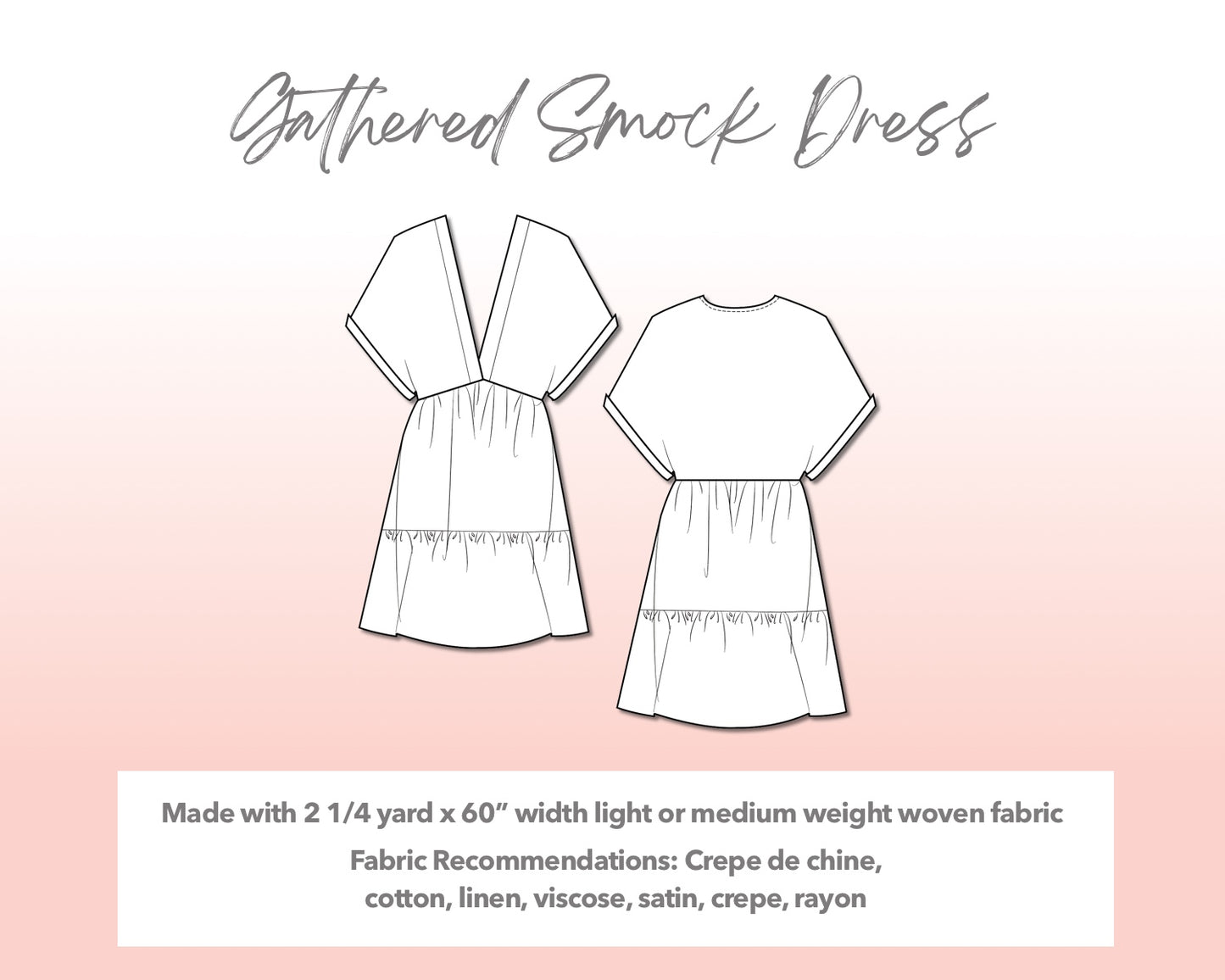 Illustration and detailed description for Plus Size Gathered Smock Dress sewing pattern.