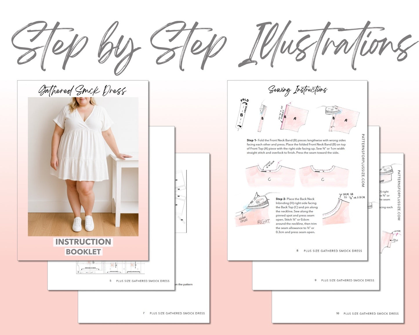 Plus Size Gathered Smock Dress sewing pattern step by step illustrations.