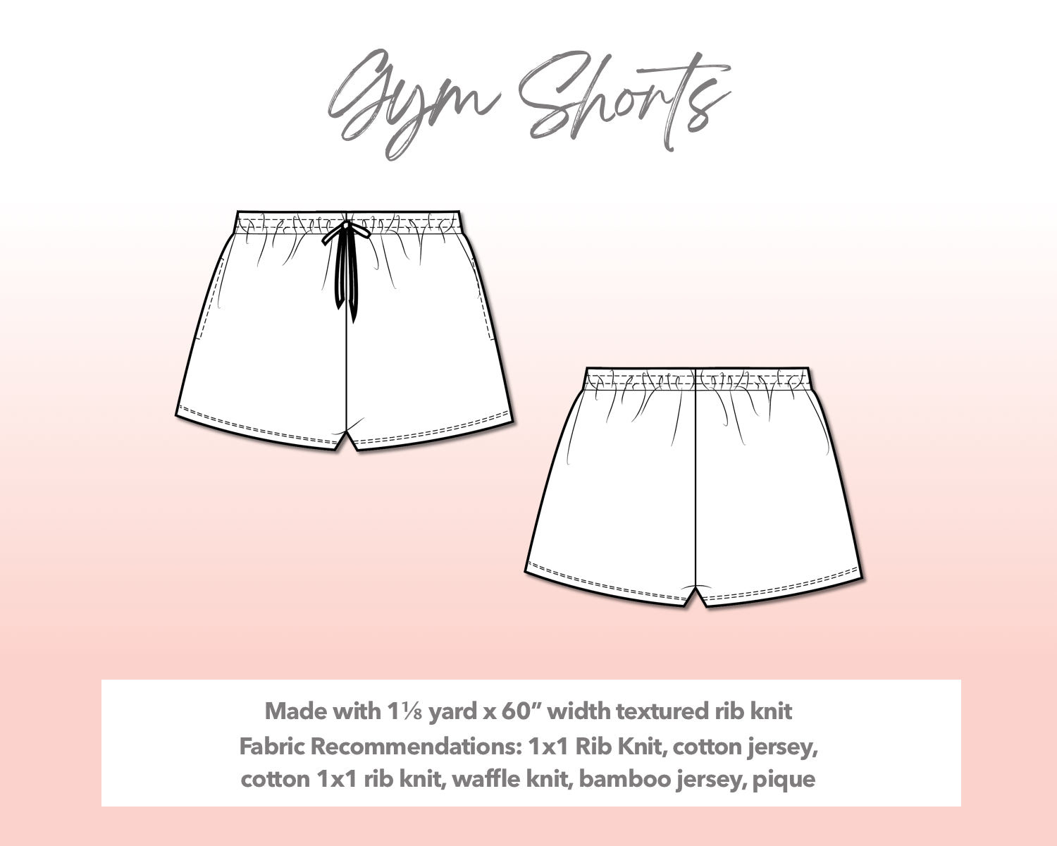 Illustration and detailed description for Plus Size Gym Shorts sewing pattern.