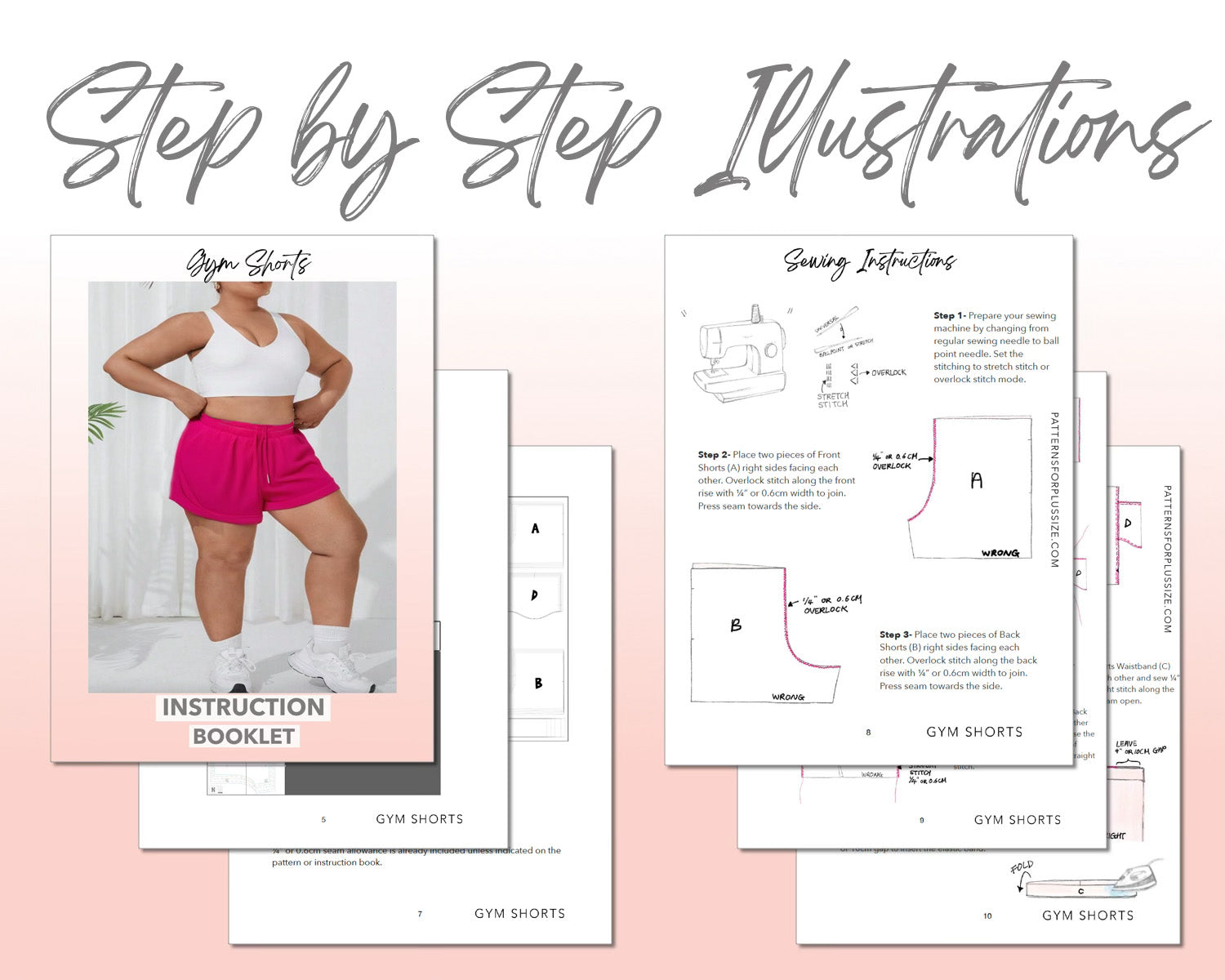 Plus Size Gym Shorts sewing pattern step by step illustrations.