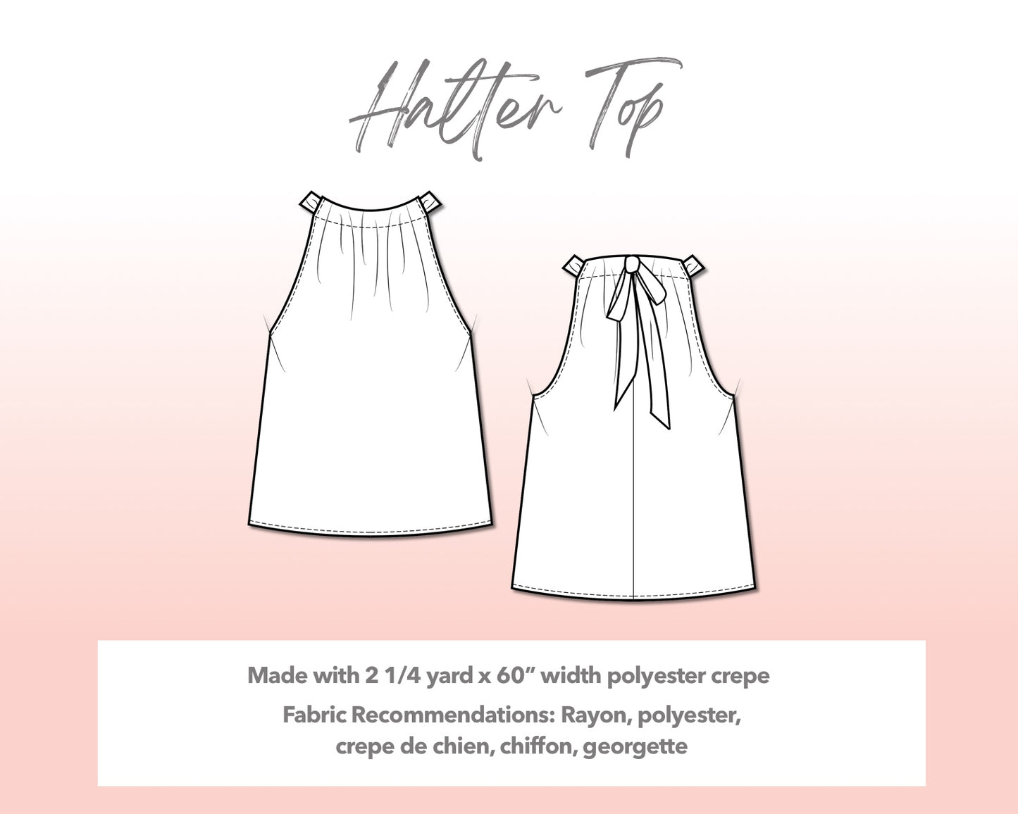 Illustration and detailed description for Plus Size Halter Top sewing pattern.