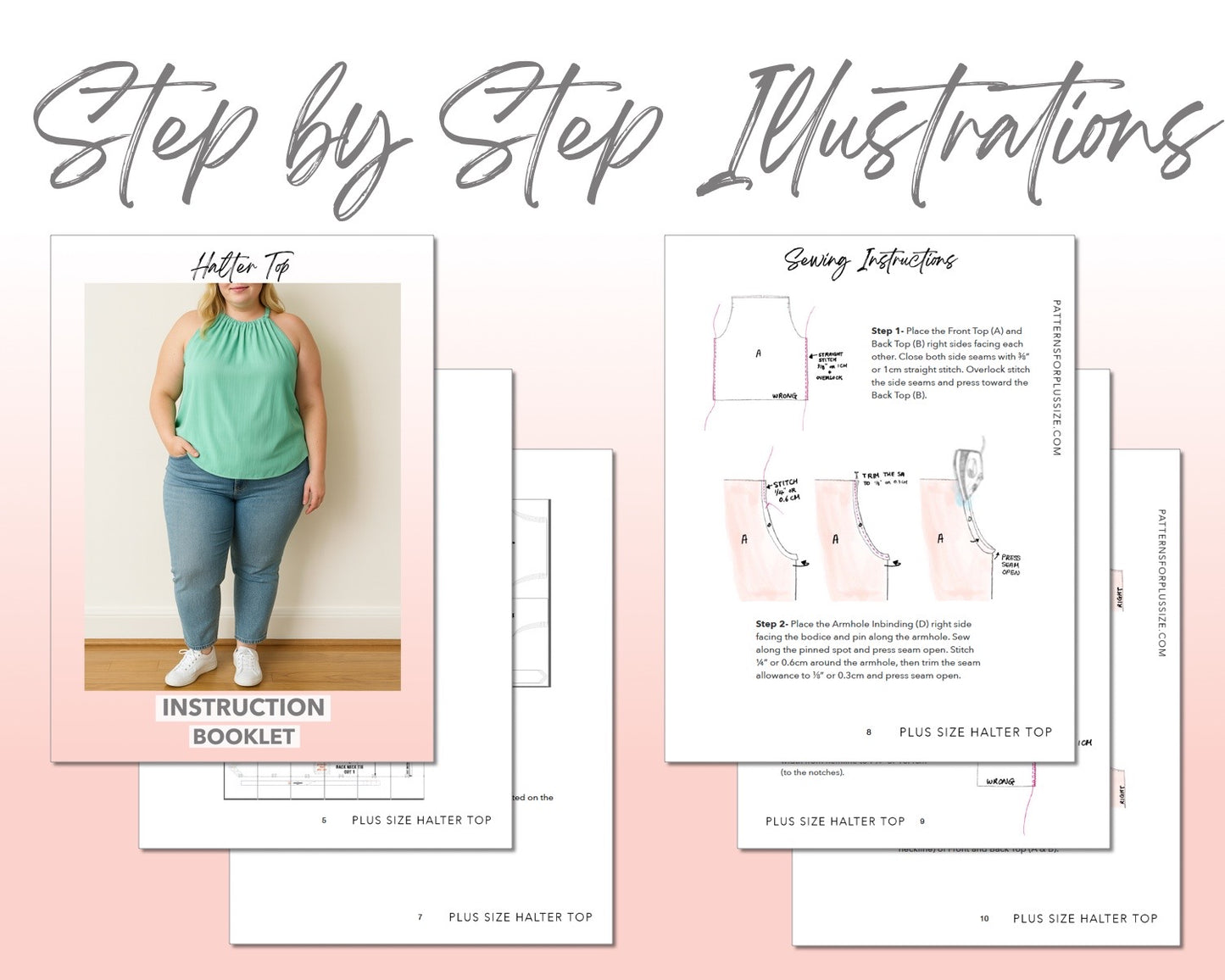 Plus Size Halter Top sewing pattern step by step illustrations.