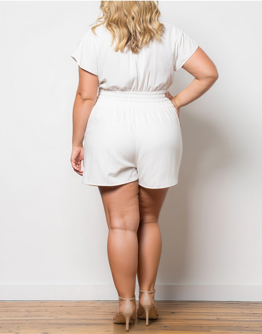 Back view of Plus Size Kimono Sleeve Surplice Romper.