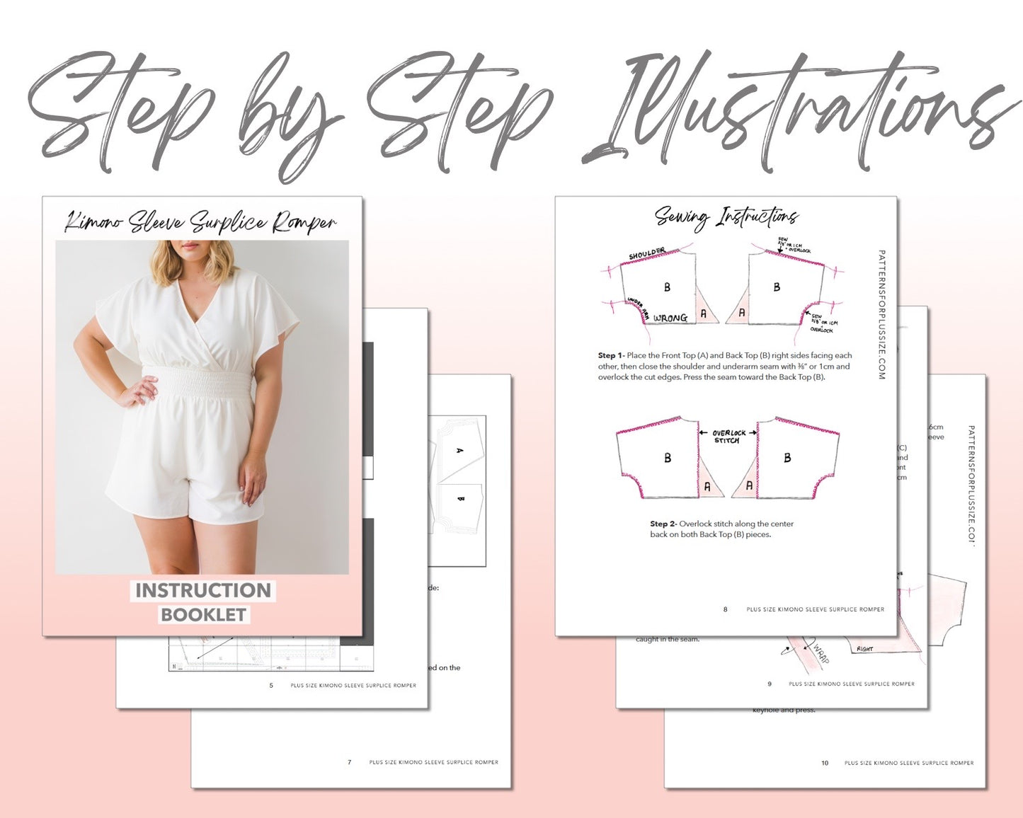 Plus Size Kimono Sleeve Surplice Romper sewing pattern step by step illustrations.