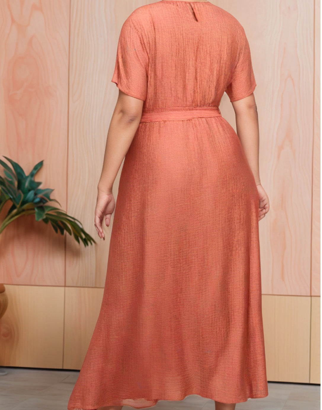 Back view of Plus Size Kimono Sleeve Wrap Maxi Dress.