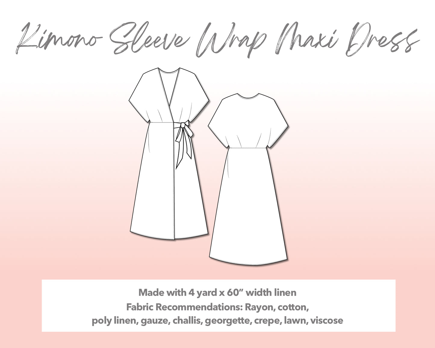 Illustration and detailed description for Plus Size Kimono Sleeve Wrap Maxi Dress sewing pattern.