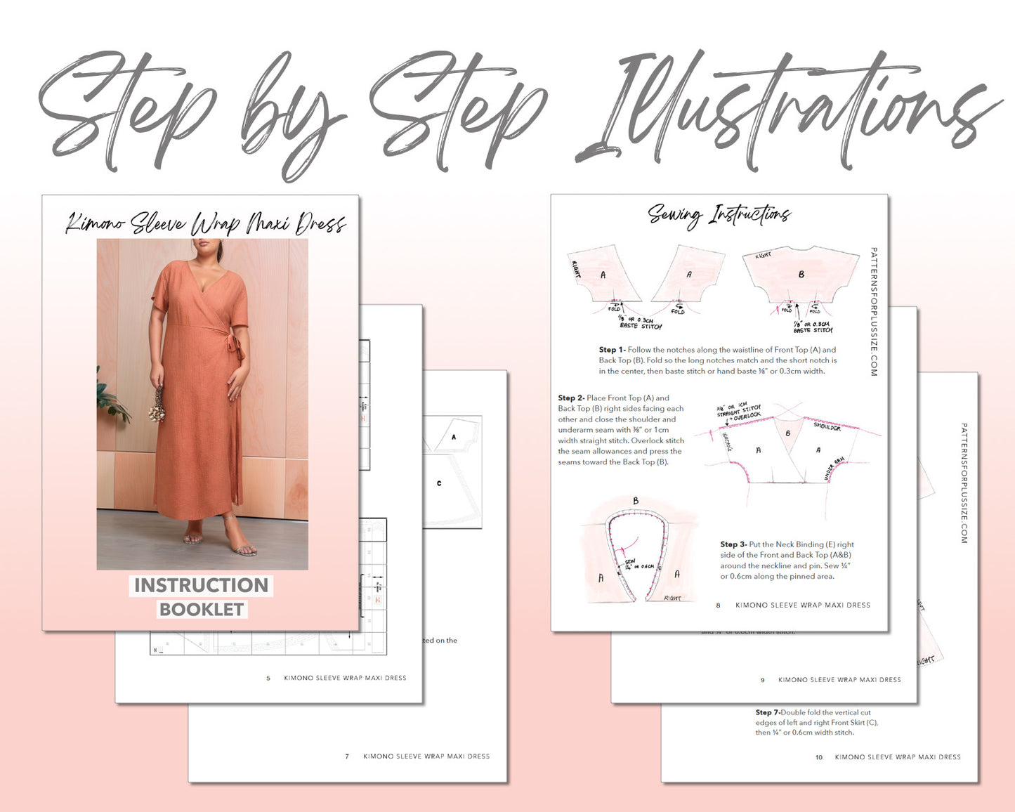 Plus Size Kimono Sleeve Wrap Maxi Dress sewing pattern step by step illustrations.