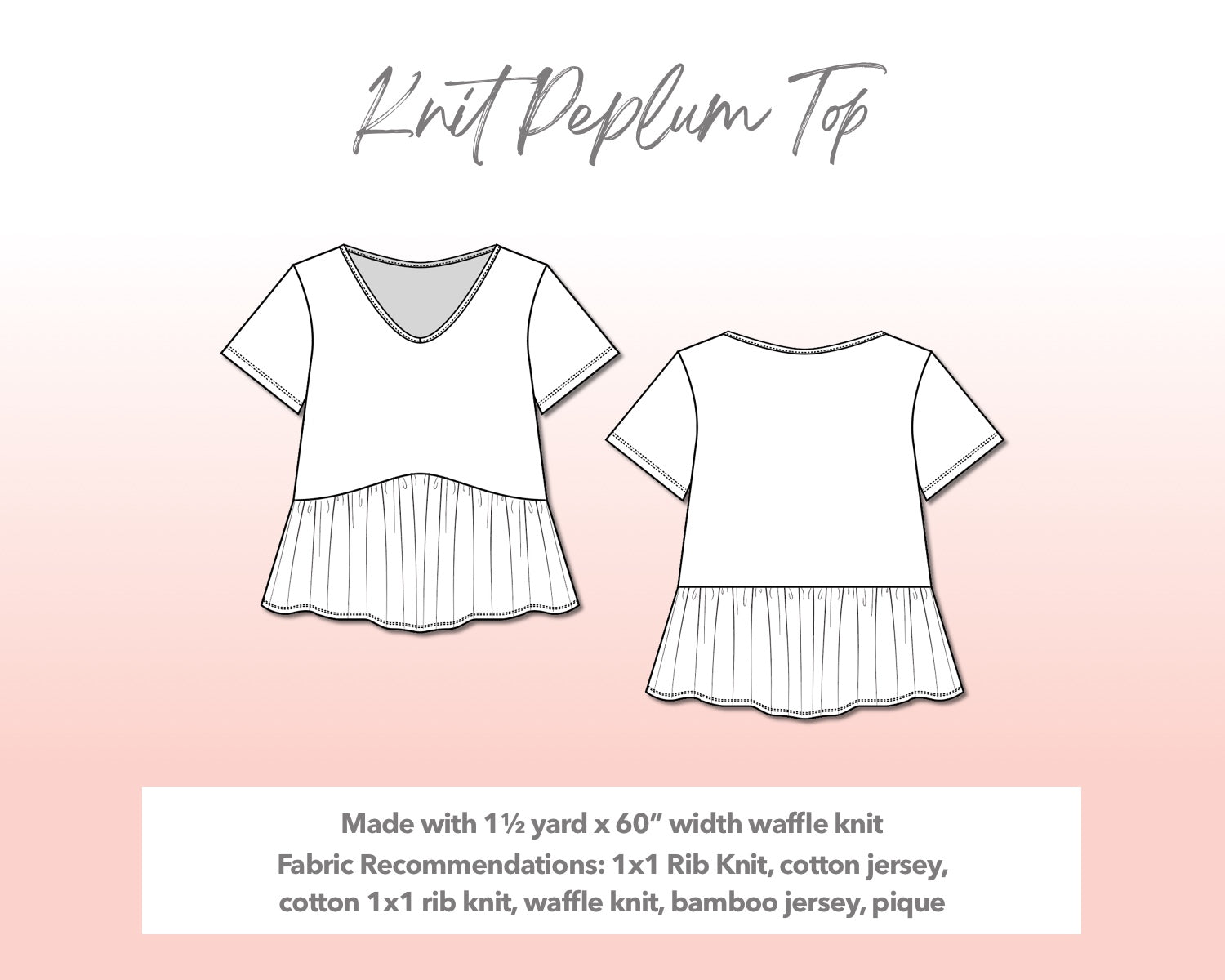 Illustration and detailed description for Plus Size Knit Peplum Top sewing pattern.
