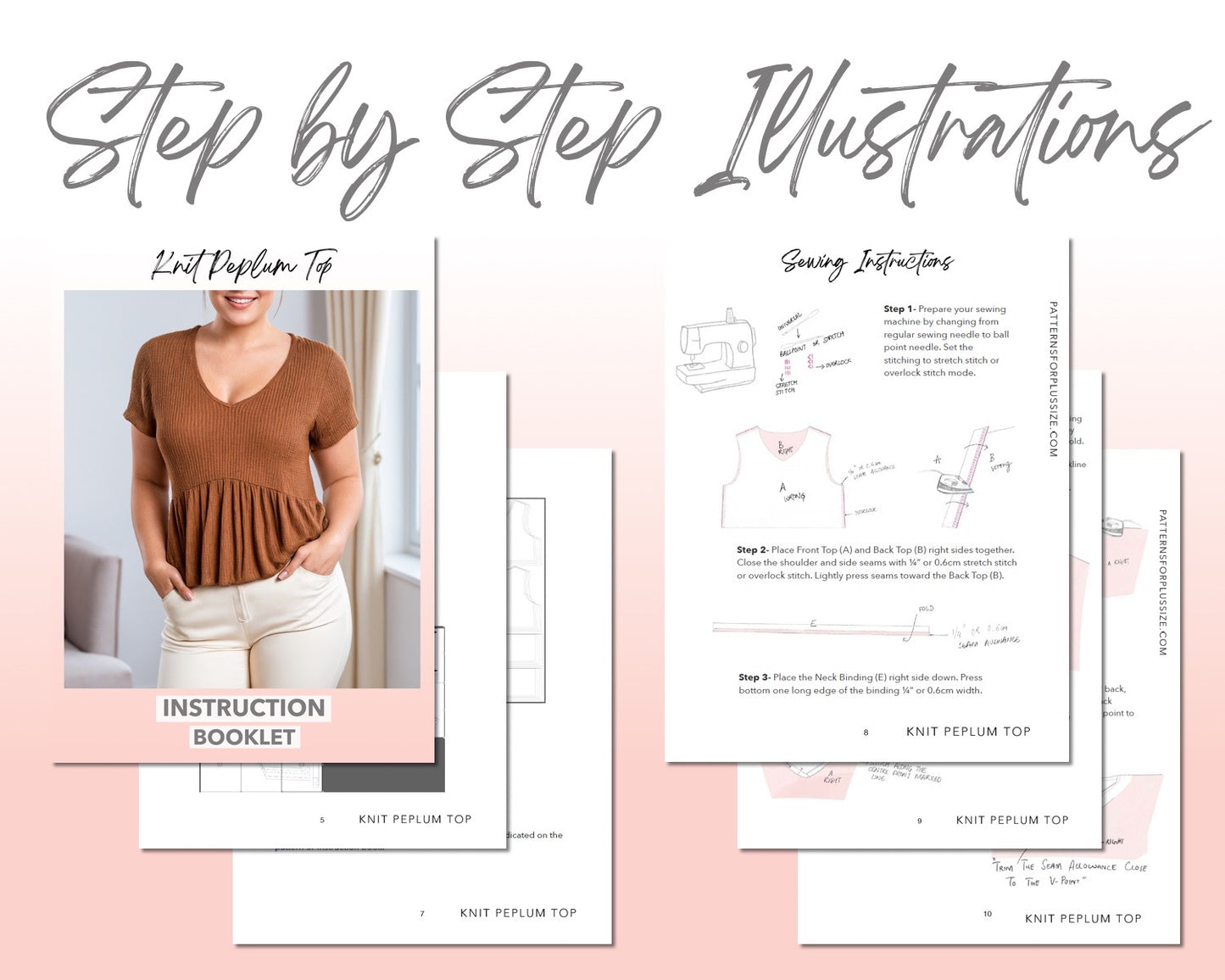 Plus Size Knit Peplum Top sewing pattern step by step illustrations.