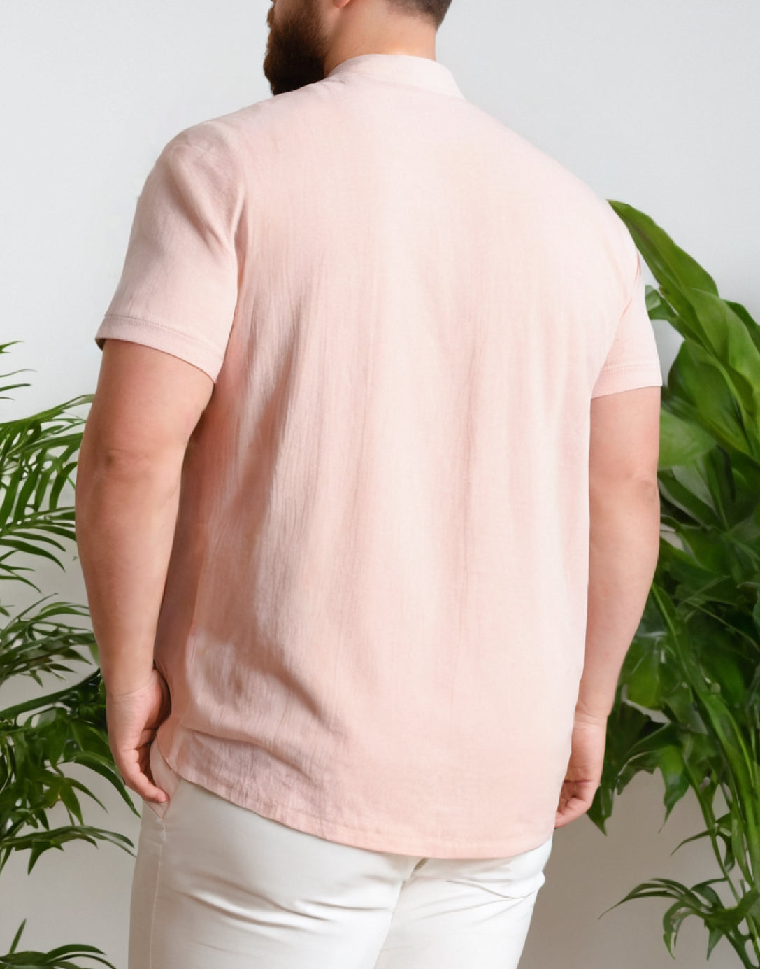 Back view of Plus Size Mandarin Collar Short Sleeve Shirt.
