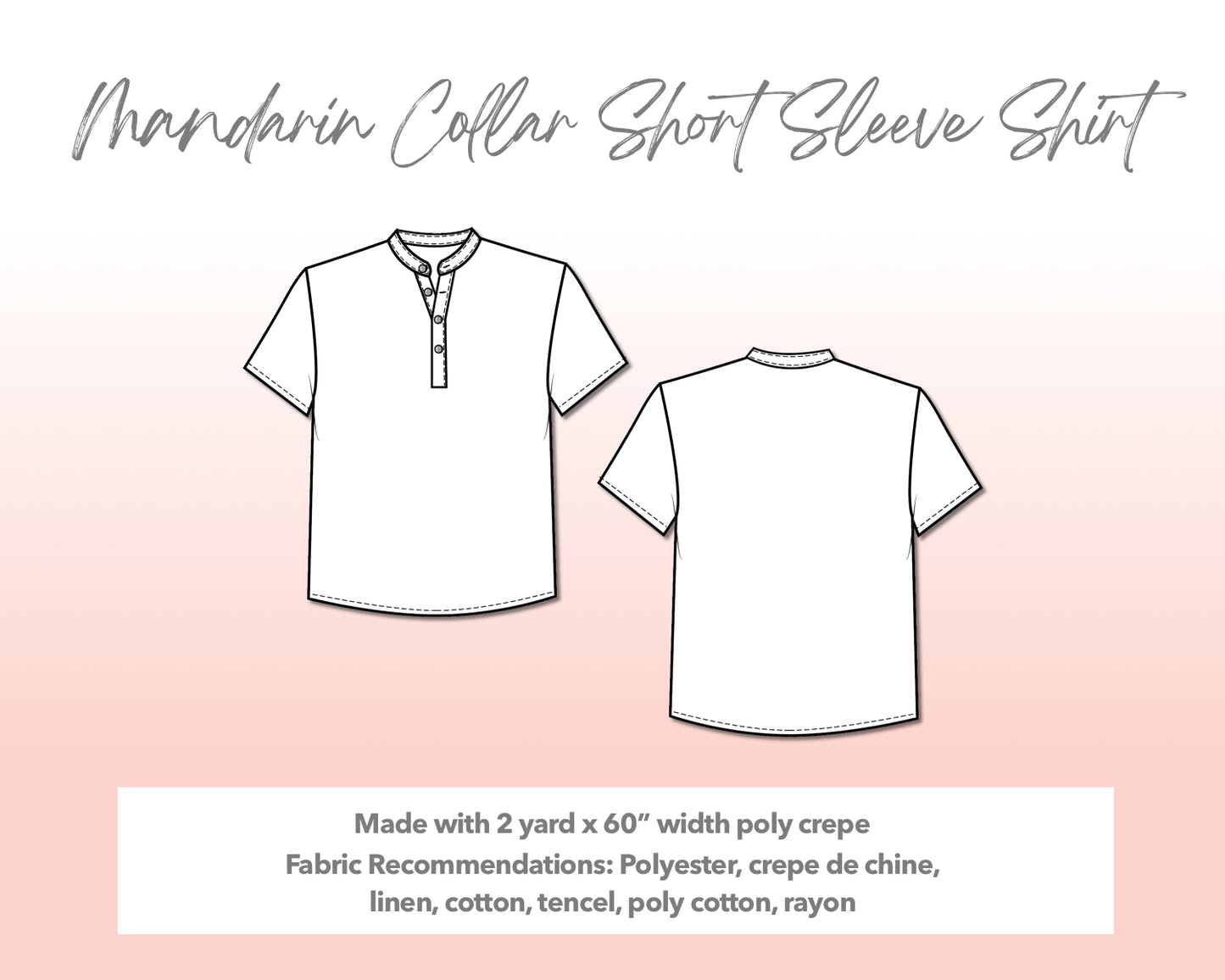 Illustration and detailed description for Plus Size Mandarin Collar Short Sleeve Shirt sewing pattern.