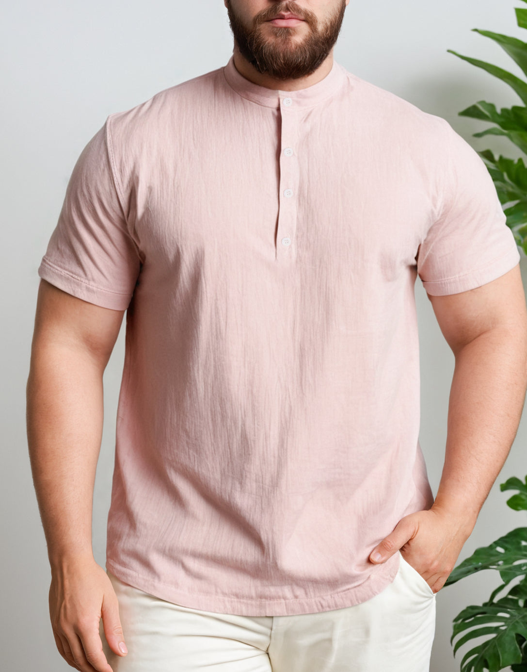 Front view of Plus Size Mandarin Collar Short Sleeve Shirt.