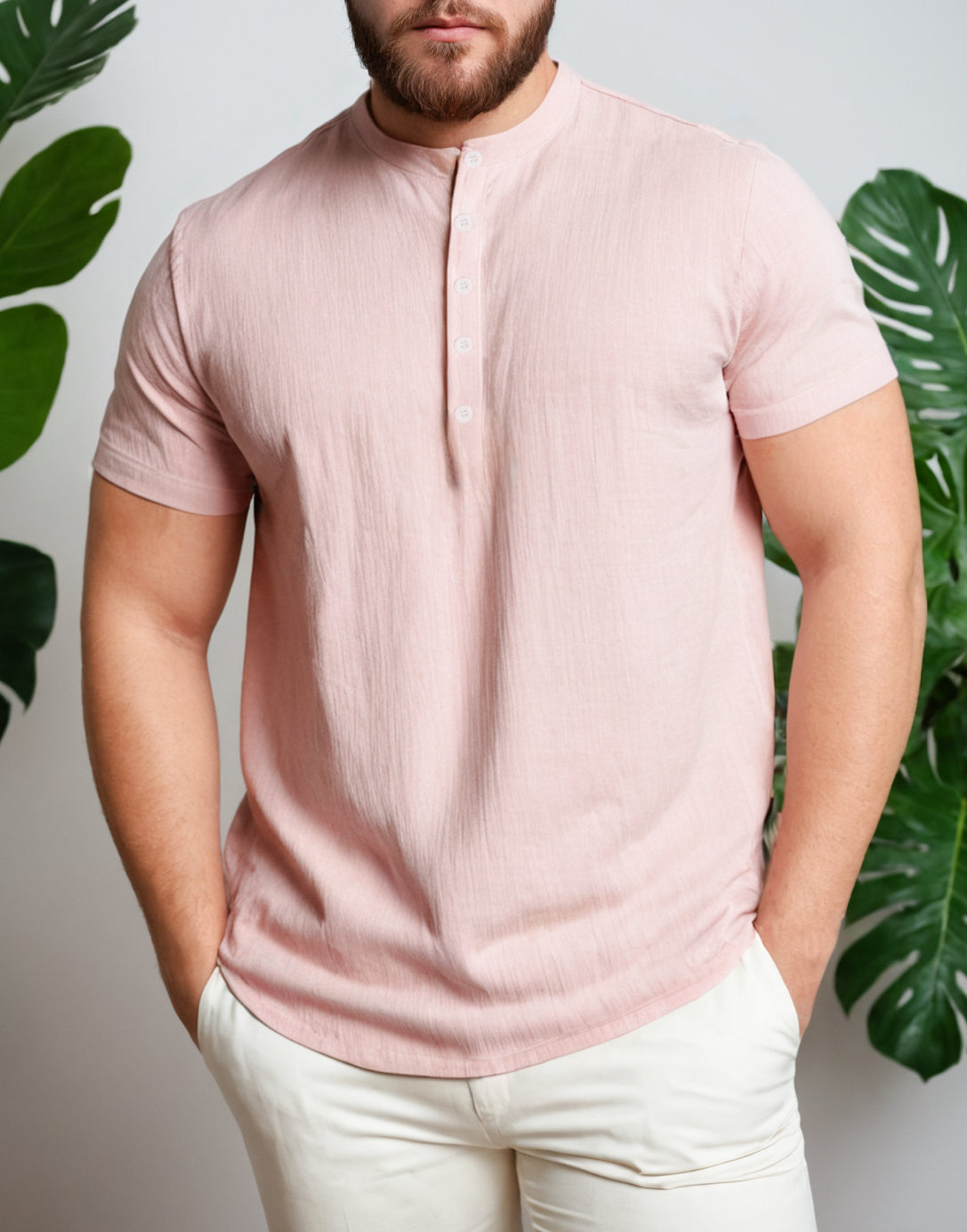 Side view of Plus Size Mandarin Collar Short Sleeve Shirt.