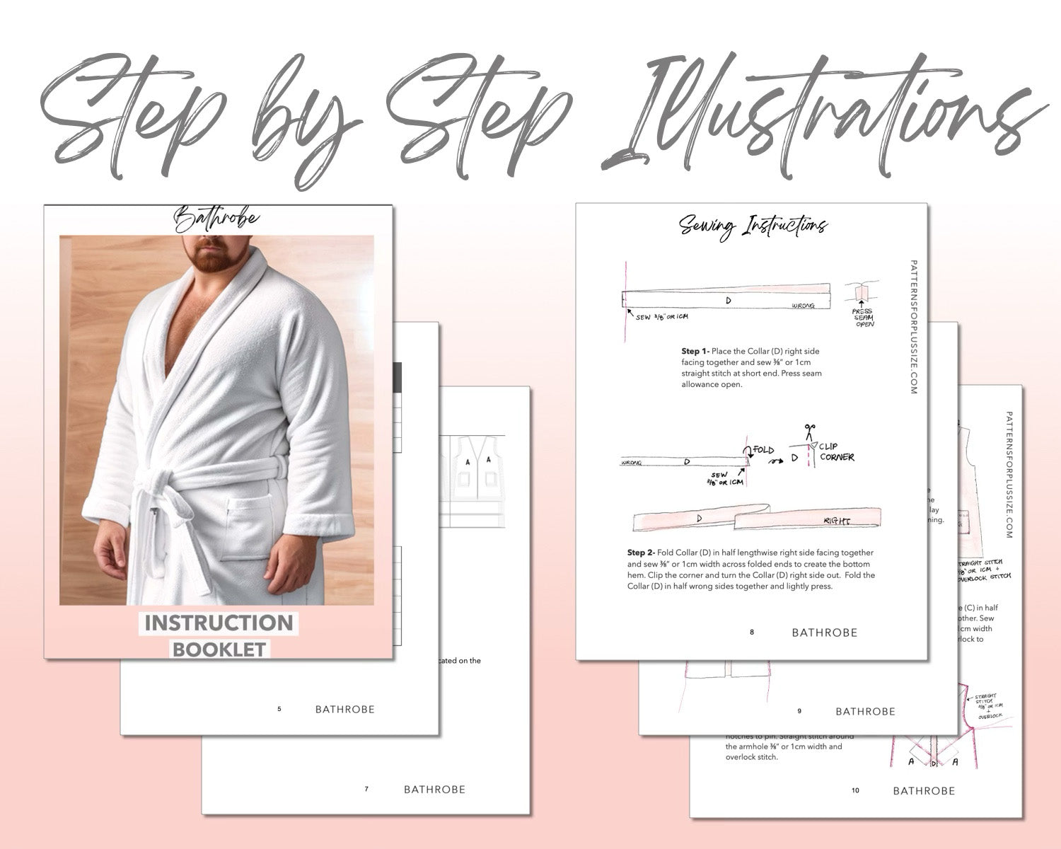 Plus Size Mens Bathrobe sewing pattern step by step illustrations.